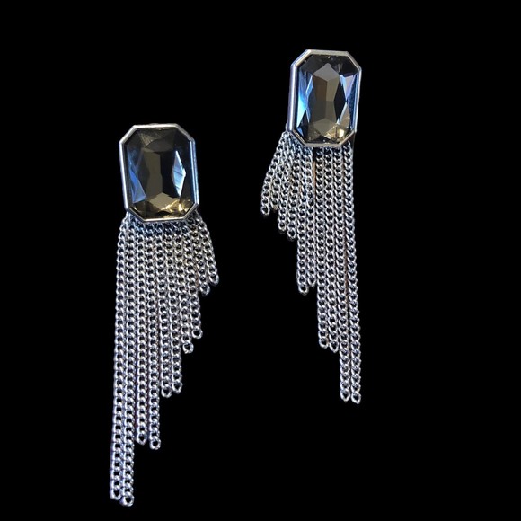 Large Smoky Quartz Colored Stone W/Brilliance Cutting and Dangle Chains Earrings - Picture 1 of 6